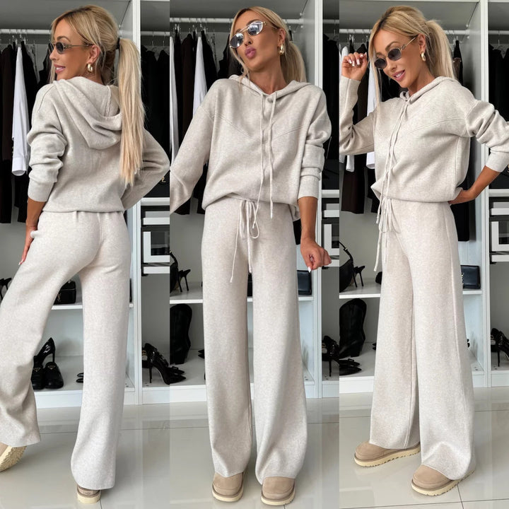 Damen nan luxuriöses Feinstrick-Loungewear-Set mit Kapuzenpullover, elastischem Komfortbund und fließendem Wide-Leg-Hosenbein Echo Archiv