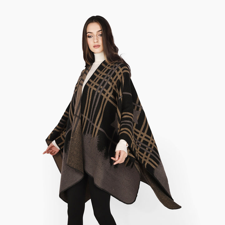 Damen Oversize-Capeponcho aus Wollmix mit Stern- und Karojacquard und weichfallendem Fall Echo Archiv