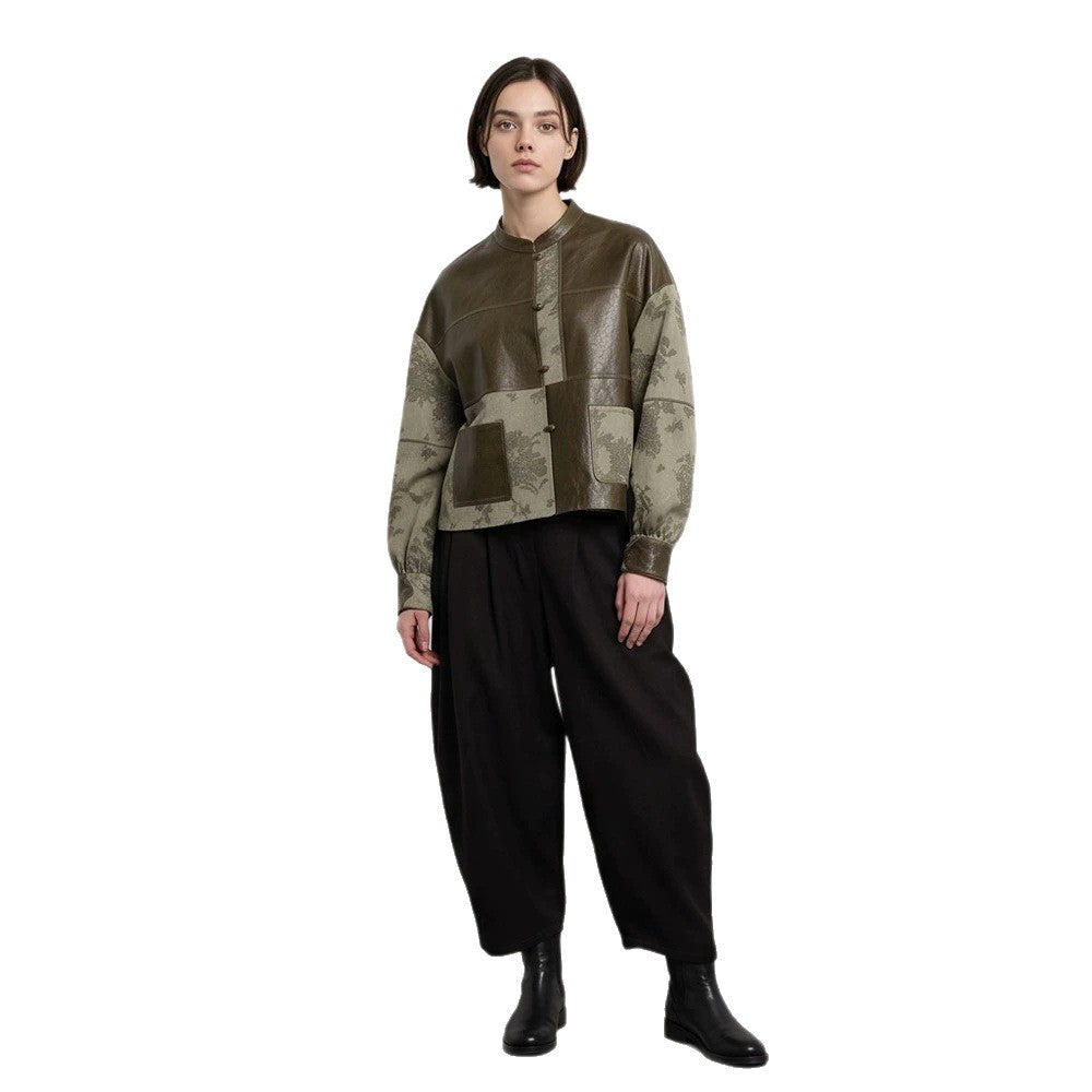 Damen Kurzjacke aus Lederoptik und Jacquard mit Stehkragen Echoarchiv