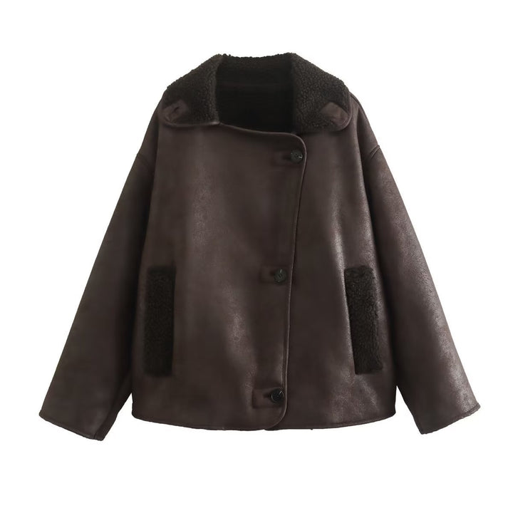 Damen Kurze Lammfelloptik Fliegerjacke mit Teddyfutter und Knopfleiste Echo Archiv