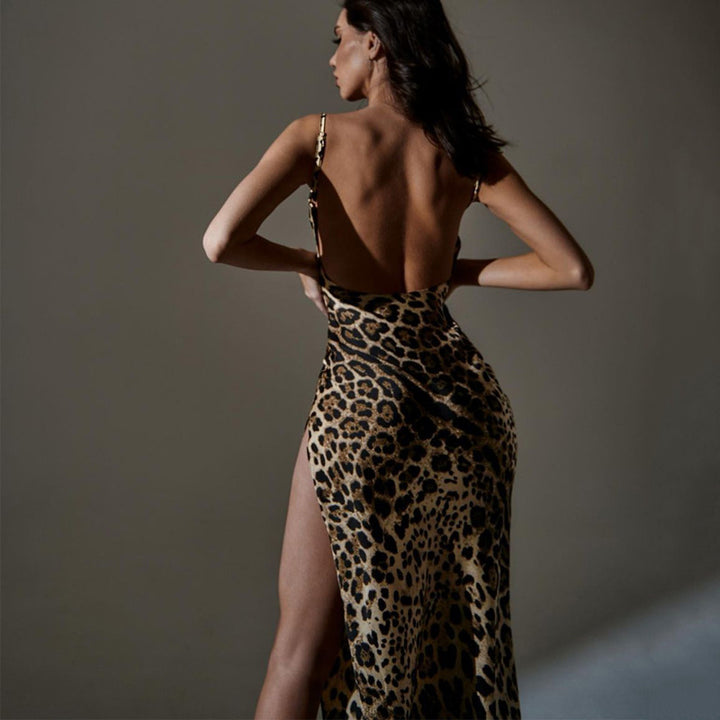 Damen Elegantes Maxikleid mit Leopardenmuster und sexy Schlitz Echo Archiv