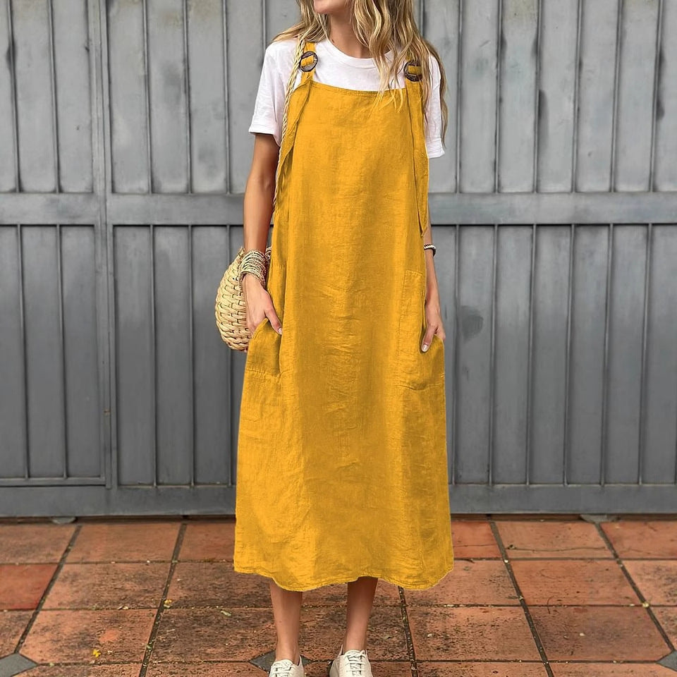 Damen Lässiges Leinen-Latzkleid mit praktischen Seitentaschen und verstellbaren Trägern Echoarchiv