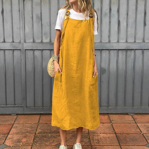 Damen Lässiges Leinen-Latzkleid mit praktischen Seitentaschen und verstellbaren Trägern Echoarchiv