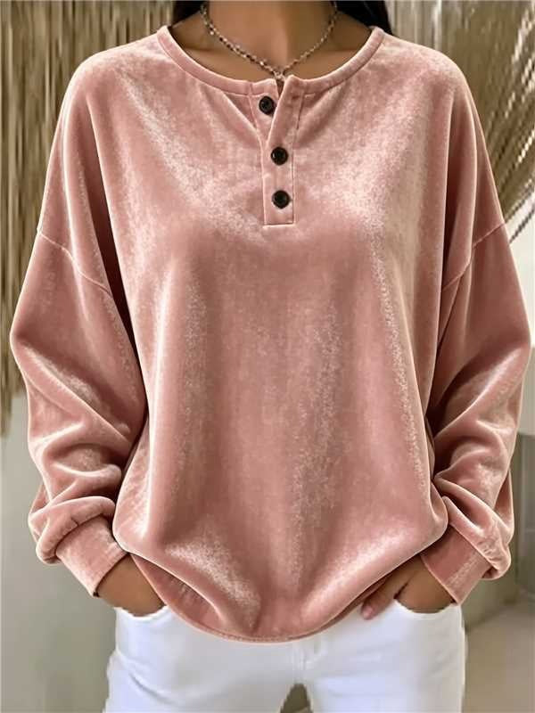 Damen Lässiges Oversize Samt-Henleyshirt mit Knopfleiste Echoarchiv