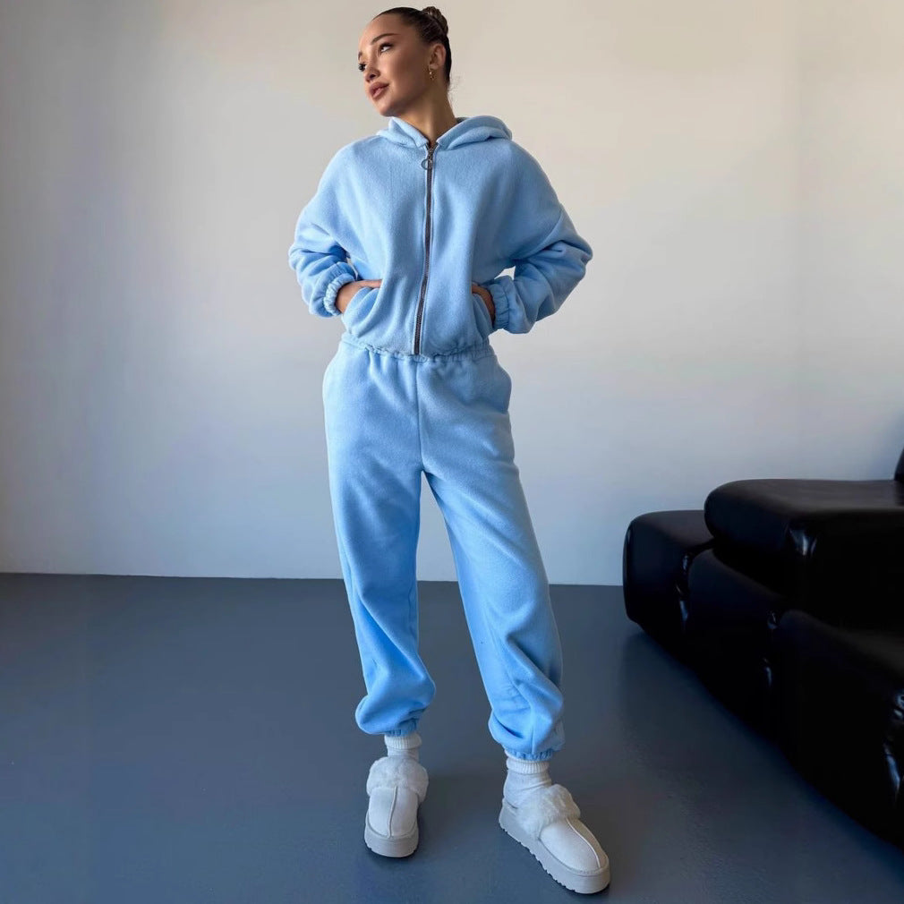 Damen kuscheliges Fleece-Hoodie und Jogginghose Lounge-Set mit Reißverschluss Kapuze elastischem Bund – Auréline
