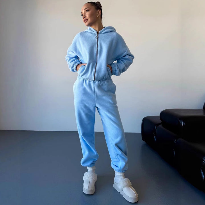 Damen kuscheliges Fleece-Hoodie und Jogginghose Lounge-Set mit Reißverschluss Kapuze elastischem Bund – Auréline