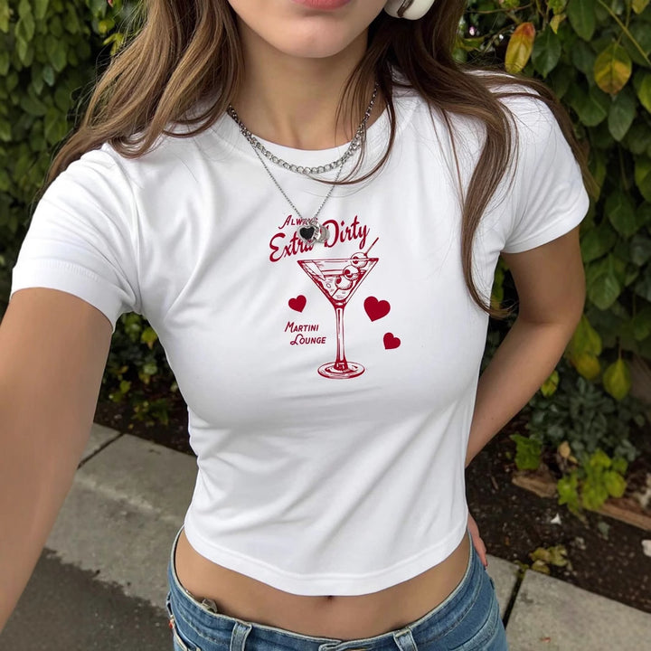 Damen Crop-T-Shirt mit kreativem Cocktail-Print und figurbetontem Schnitt Echo Archiv