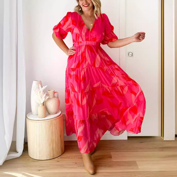 Damen nan ausgestelltes Maxikleid mit V-Ausschnitt, elastischer Unterbrustnaht und gestuftem Rock Echo Archiv