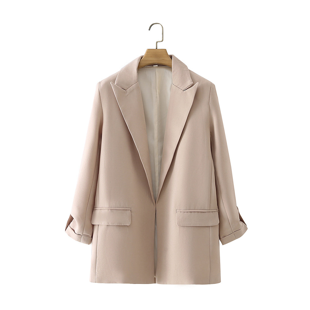 Damen lang geschnittener Oversize-Blazer mit weitem Revers aufgesetzten Pattentaschen und krempelbaren Ärmeln – Valéne
