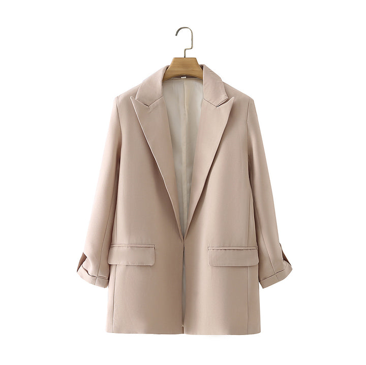 Damen lang geschnittener Oversize-Blazer mit weitem Revers aufgesetzten Pattentaschen und krempelbaren Ärmeln – Valéne