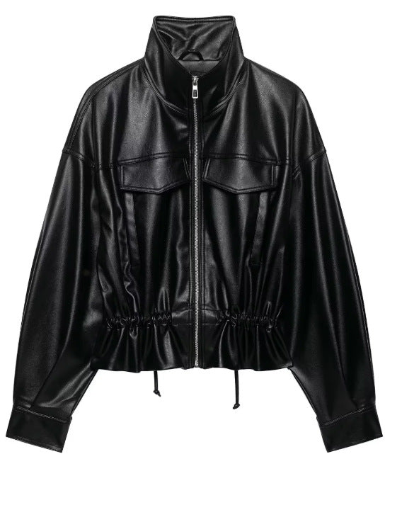 Damen Cropped Kunstleder‑Blouson mit Stehkragen, Pattentaschen und Tunnelzugtaillierung Echo Archiv