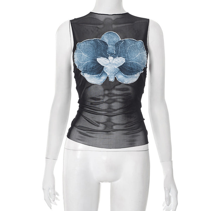Damen Sexy Crop-Top mit transparentem Stoff und floralem Denim Design Echo Archiv