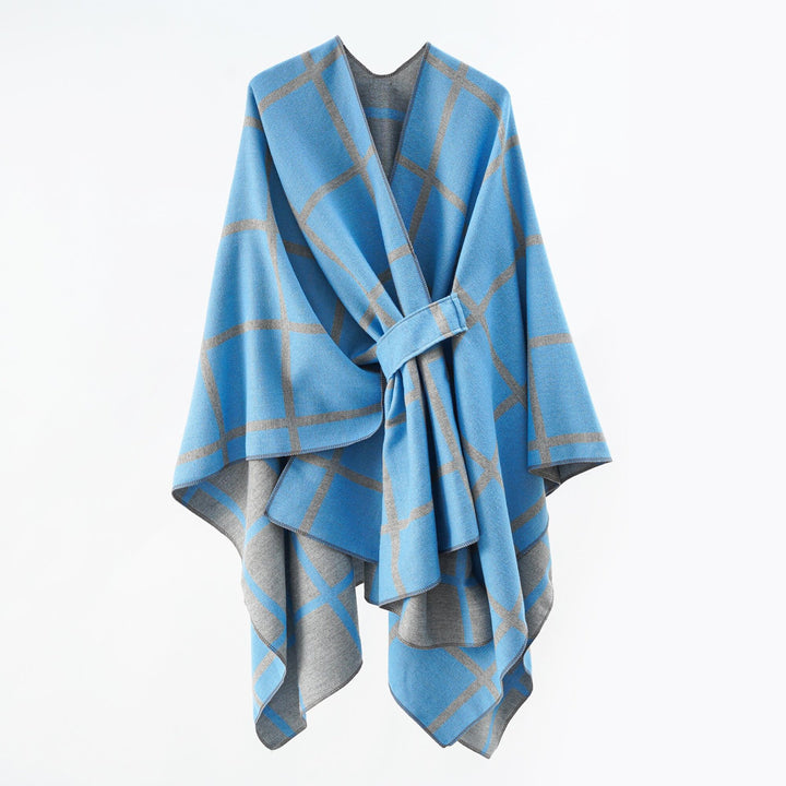 Damen Oversize Wollmix Poncho mit Gürtel und Karomuster Echo Archiv