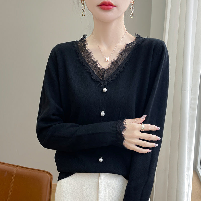 Damen Zarter V-Ausschnitt-Feinstrickcardigan mit floraler Spitzenkante und Perlenverzierung Echoarchiv