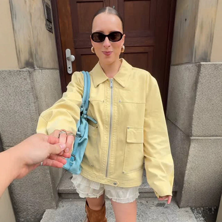 Damen Boxy-Canvas-Jacke mit Reißverschluss, Pattentaschen und Taillen-Zug Echoarchiv