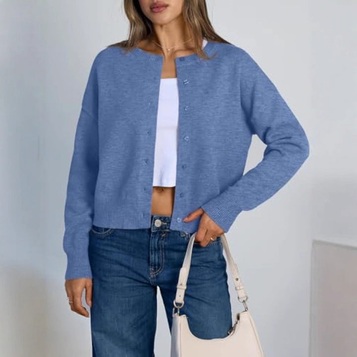 Damen Cropped Strickjacke im Boxy‑Schnitt mit Rundhals und Rippbündchen – Veloura