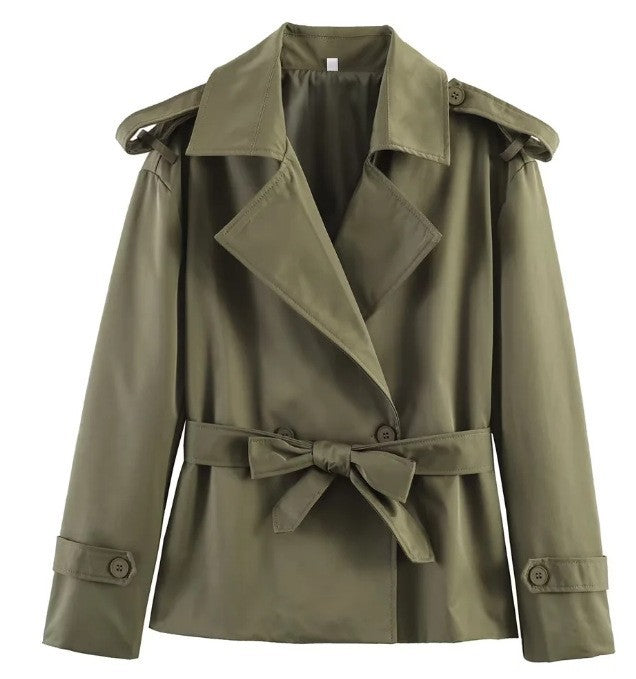 Damen Taillierter kurzer Trenchcoat mit Bindegürtel und Epauletten Echoarchiv