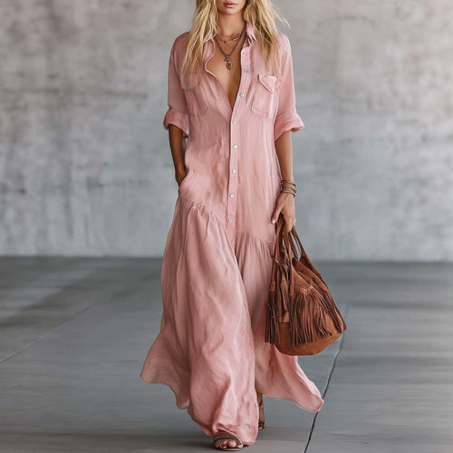 Damen Langes fließendes Hemdblusen-Maxikleid mit Knopfleiste, aufgesetzten Brusttaschen und seitlichen Eingrifftaschen Echoarchiv