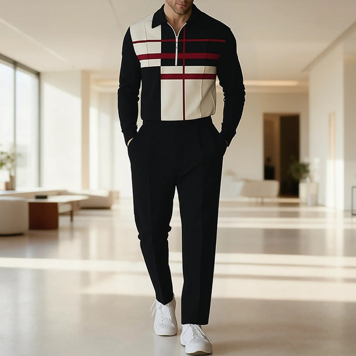 Herren modisches Langarmshirt mit Reißverschluss und einzigartigem Blockdesign Echoarchiv