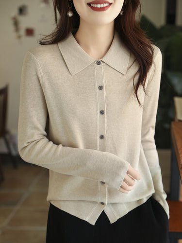 Damen Leichter Feinstrick-Cardigan mit Polokragen und durchgehender Knopfleiste Echoarchiv