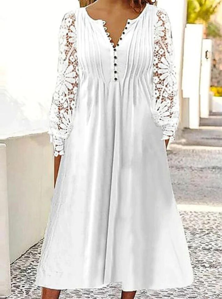 Damen nan wadenlanges A-Linien-Sommerkleid mit gehäkelten Langärmeln, Biesenoberteil und Zierknopfleiste Echo Archiv