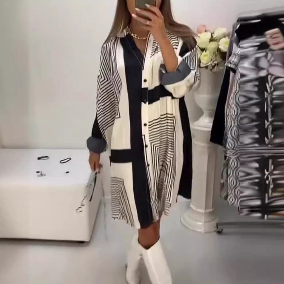 Damen nan knieumspielendes A-Linien-Hemdblusenkleid mit grafischem Linienprint, verdeckter Knopfleiste und oversized Manschetten Echo Archiv