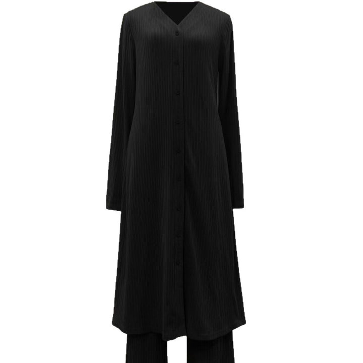 Damen Modestisches Knopf-Tunika-Set mit gerader Silhouette, langen Ärmeln und weitem Palazzo-Hosenbein – Élanora