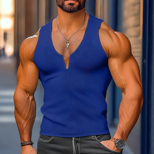 Herren Sportliches Muskelshirt mit V-Ausschnitt und Rippstruktur Echoarchiv
