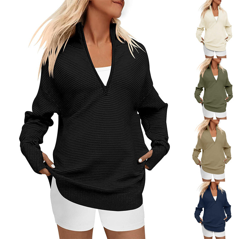 Damen Oversize-Feinstrickpullover mit halbem Reißverschluss, Stehkrragen und Daumenloch-Ärmeln Echo Archiv