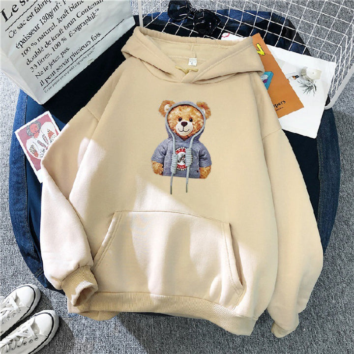 Unisex lässiger Oversize Kapuzenpullover mit Teddy-Frontprint, Kängurutasche und weichem Fleece-Innenfutter – Auréline