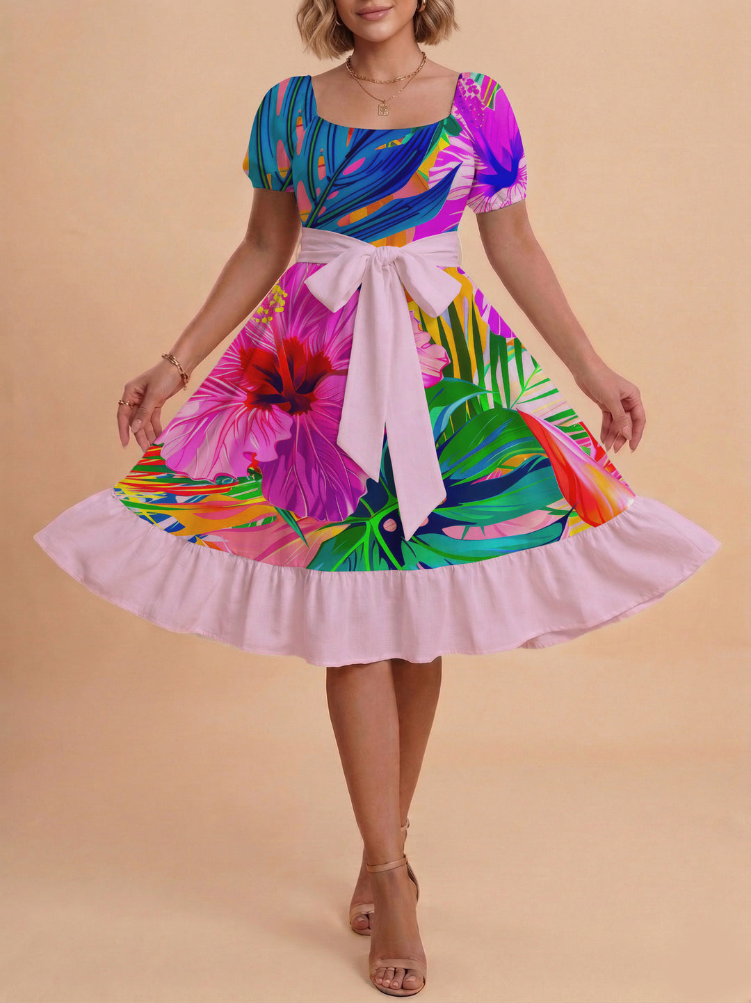 Damen Sommerkleid mit floralem Puffärmel und taillierbarem Gürtel Echo Archiv