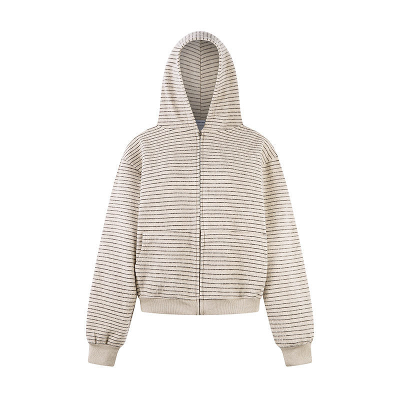 Damen Kurz geschnittene Kapuzen‑Zipjacke mit horizontalem Streifenrelief und elastischem Bund Echoarchiv