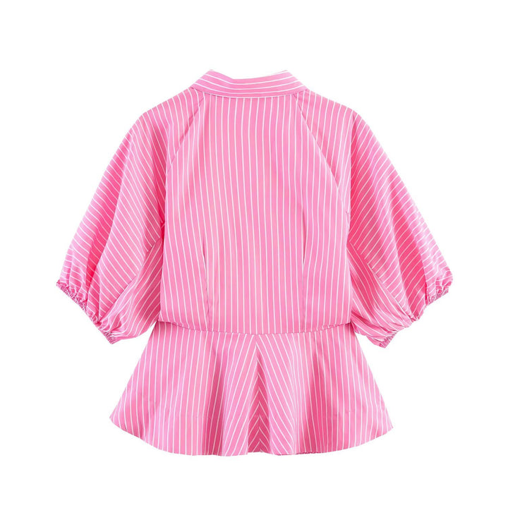 Damen Gestreifte Peplum-Bluse mit Ballonärmeln und Hemdkragen Echo Archiv