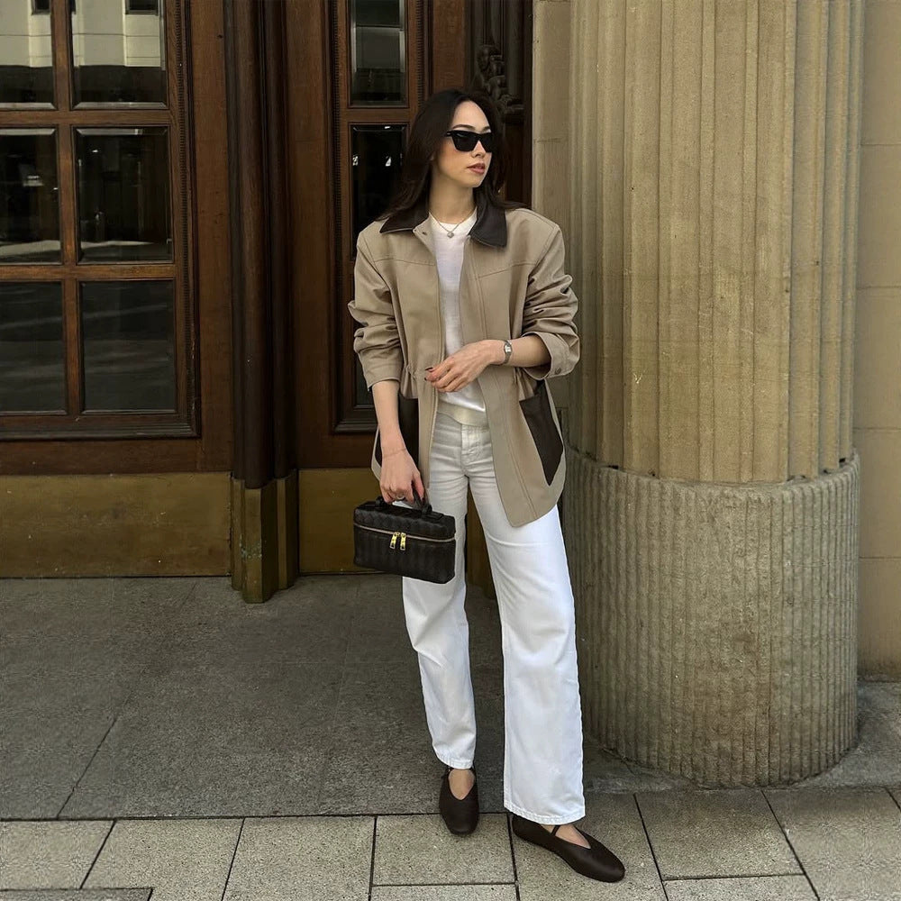 Damen Boxy-Fieldjacke mit kontrastkragen in Lederoptik und aufgesetzten Taschen Echoarchiv