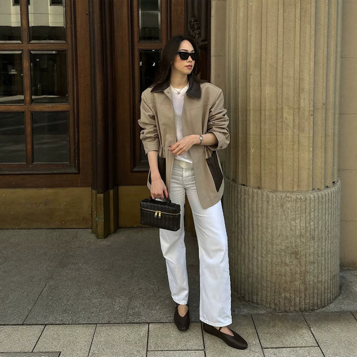 Damen Boxy-Fieldjacke mit kontrastkragen in Lederoptik und aufgesetzten Taschen Echoarchiv