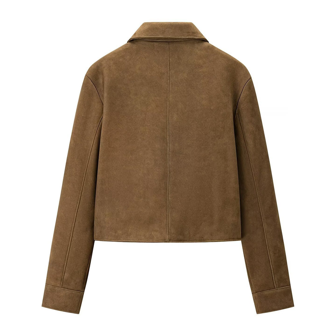 Damen kurz geschnittene Veloursleder‑Optik Jacke mit Hemdkragen und Knopfleiste Echo Archiv
