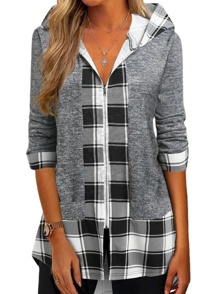 Damen Kapuzen-Strickjacke mit Reißverschluss und Karomix-Einsatz – Célinea