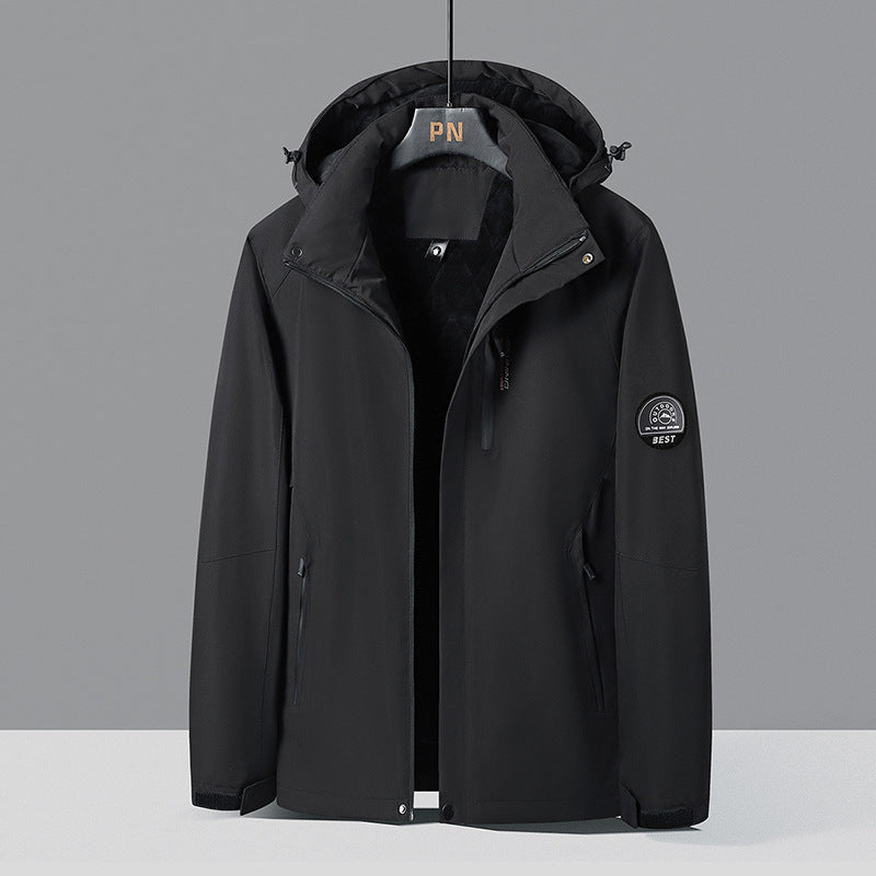 Herren zweifarbige Softshell-Outdoormantel mit winddichter Membran, verstellbarer Kapuze und verdeckter Brusttasche – Taviero