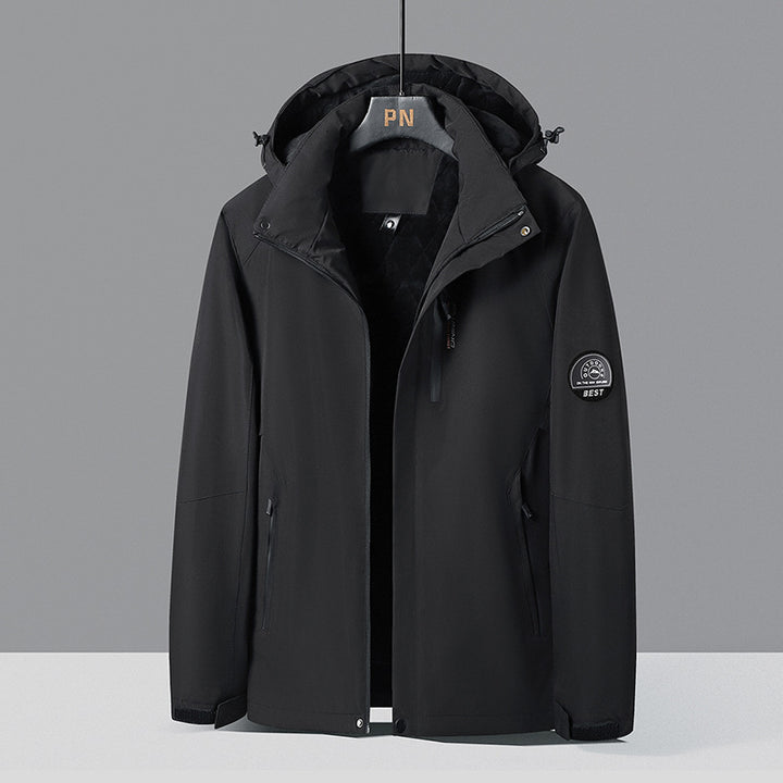 Herren zweifarbige Softshell-Outdoormantel mit winddichter Membran, verstellbarer Kapuze und verdeckter Brusttasche – Taviero