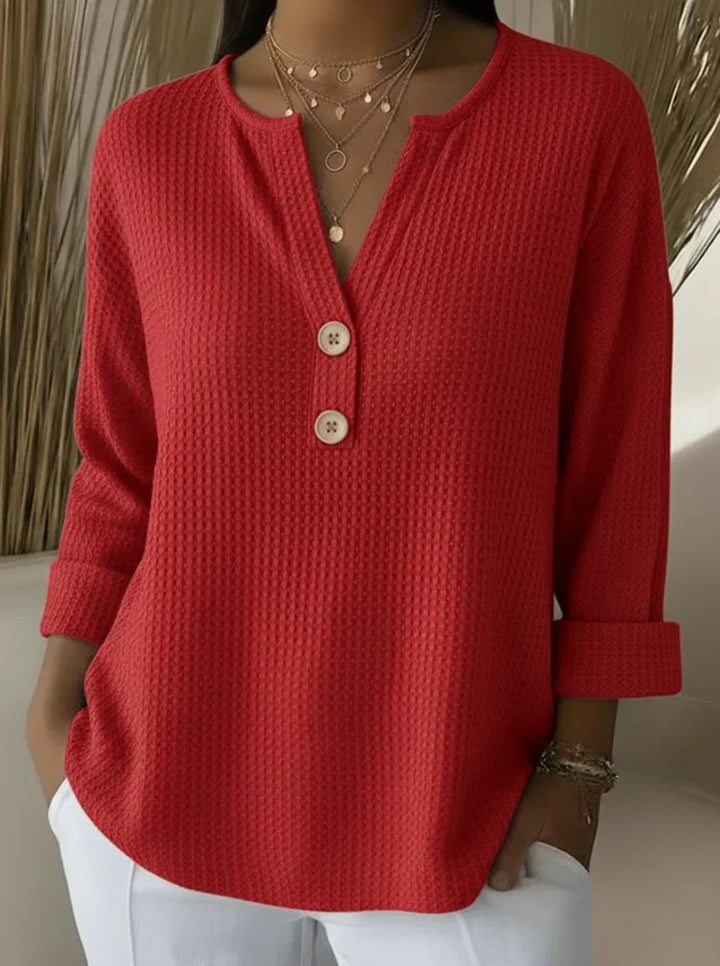 Damen Waffelstruktur Henley-Shirt mit V-Ausschnitt kurze Knopfleiste und krempelbaren 3/4-Ärmeln – Avérine