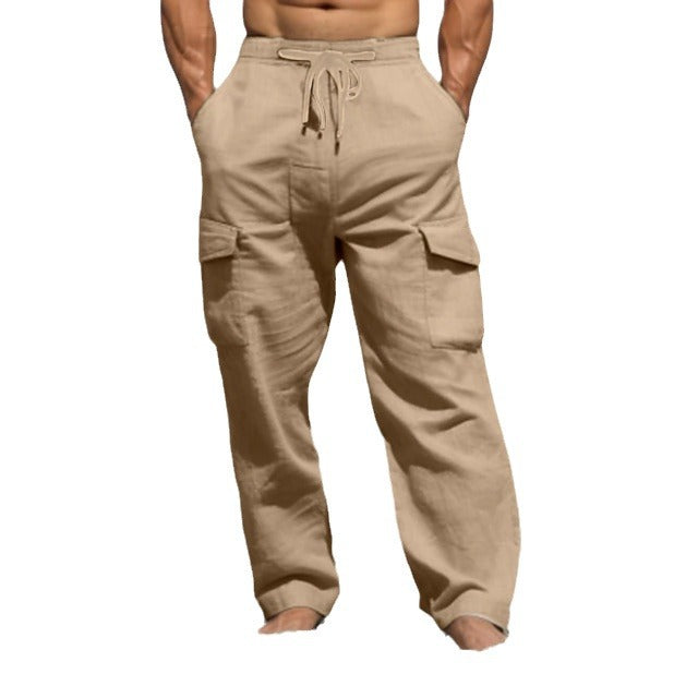 Herren weite Freizeit-Cargohose aus Leinenmix mit Tunnelzugbund, aufgesetzten Klappentaschen und entspanntem Strandfit – Bravaro