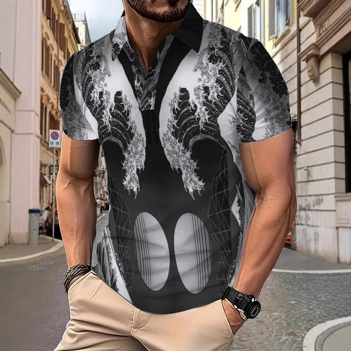 Herren Poloshirt mit künstlerischem Wellendesign und modernem Schnitt Echoarchiv