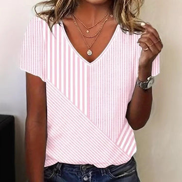 Damen nan gestreifte V-Ausschnitt-Bluse mit asymmetrischem Streifenmix und Kurzarm Echo Archiv