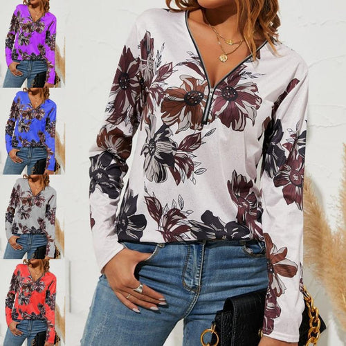 Damen Langarmshirt mit Reißverschluss V-Ausschnitt und großem Blumenmuster – Avérine