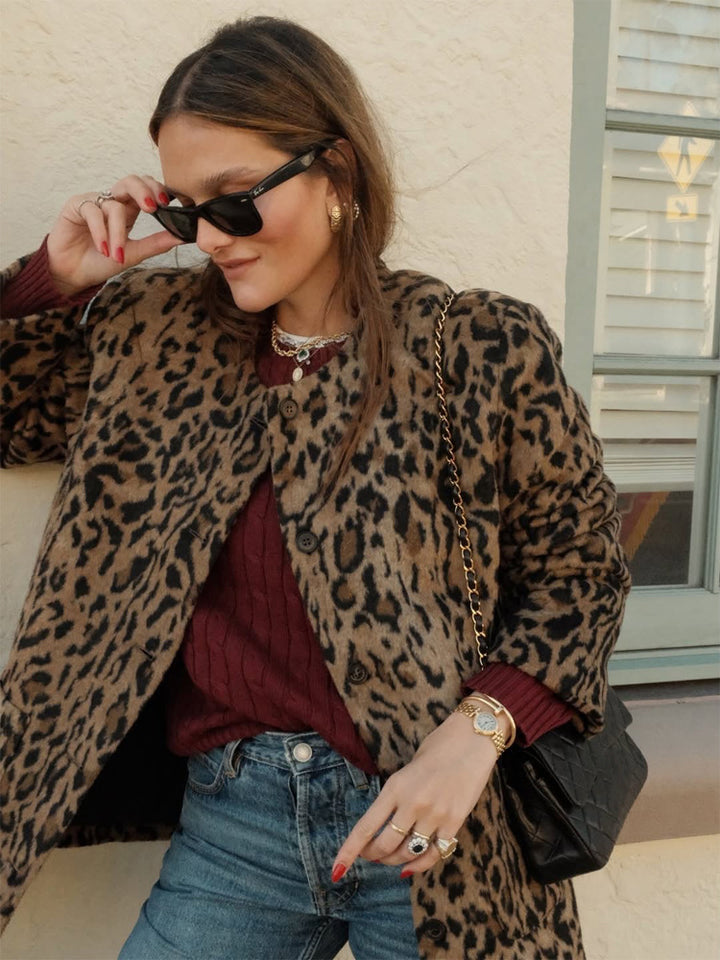 Damen Kurz geschnittener Kunstpelzmantel mit Leopardmuster und kastiger Silhouette Echoarchiv