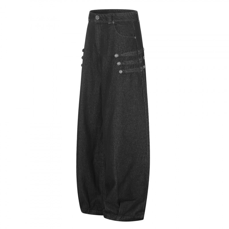 Damen Taillehohe Ballon-Jeanshose mit weitem Bein, Knopfdetail und elastischem Saum Echo Archiv