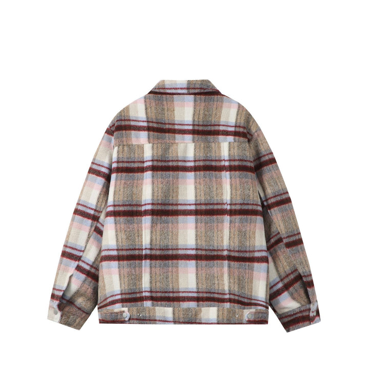 Damen Kurz geschnittene karierte Overshirt‑Jacke aus Wollmix mit Druckknopf‑Front und Pattentaschen Echoarchiv