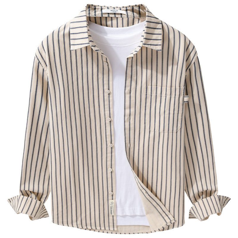 Herren Leichtes Baumwoll-Relaxed-Hemd mit vertikaler Double‑Stripe, Kentkragen und aufgesetzter Brusttasche Echoarchiv