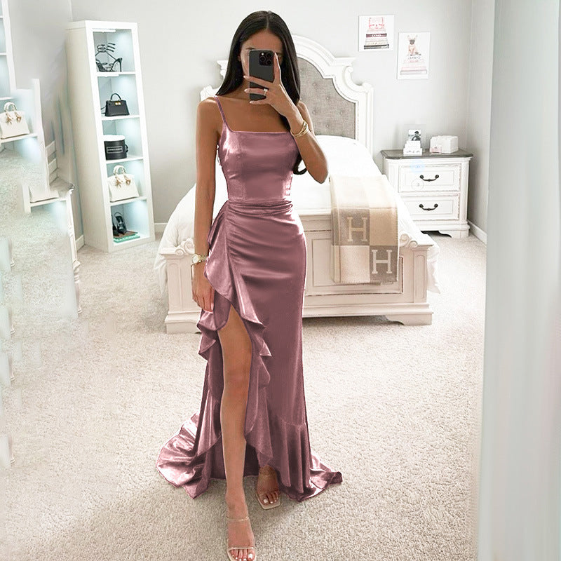 Damen elegantes Maxikleid mit asymmetrischem Rüschensaum und taillierter Silhouette Echo Archiv