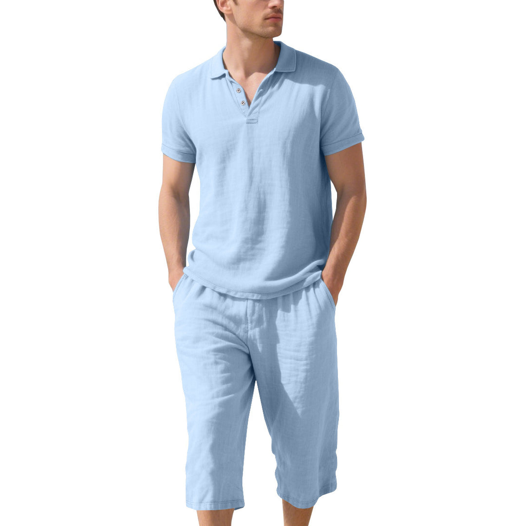 Herren lässiges Kurzarm-Polohemd mit elastischen Leinen-Shorts Echoarchiv